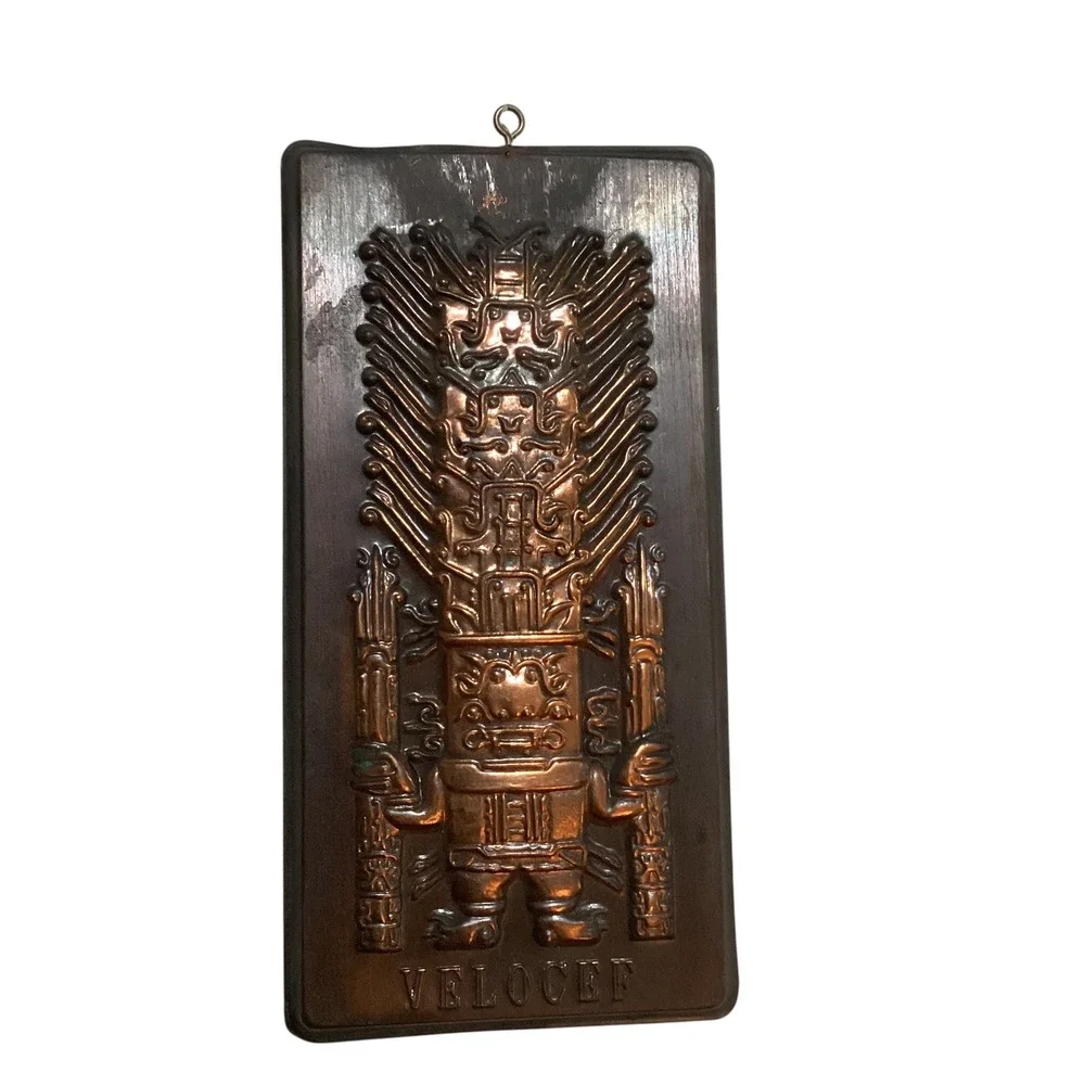 Vintage Velocef Copper Relief Aztec Incan Deity Wall Plaque Metal Art 8.5x4.25